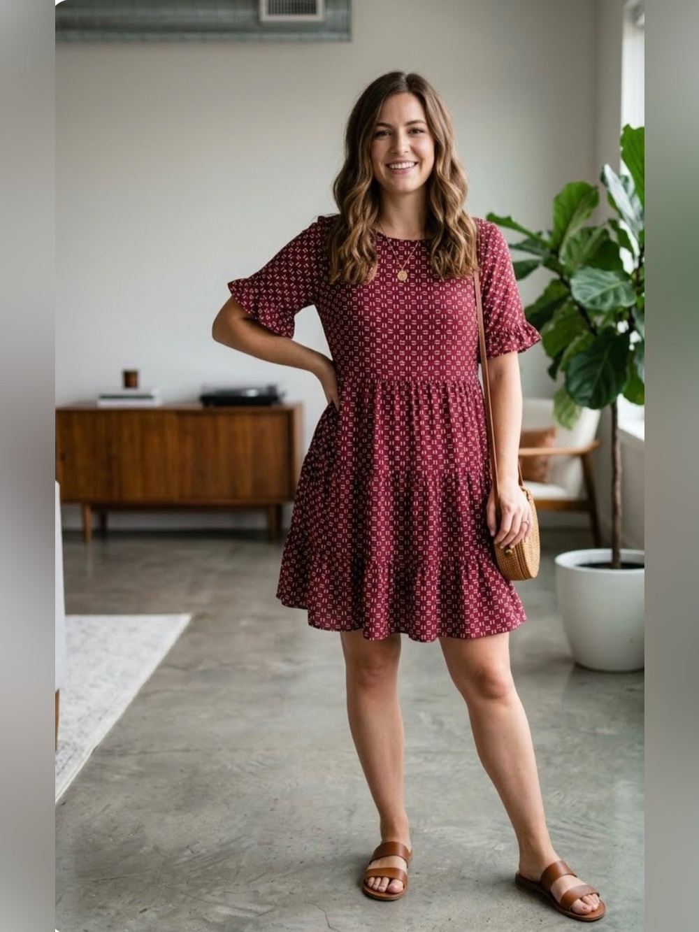 JODIFL Women's Burgundy Printed Tiered Mini Dress PTP 19’ L 32’